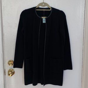 Ann Taylor Factory Women's Black Knit Faux Leather Trim Cardigan Jacket Size XXS